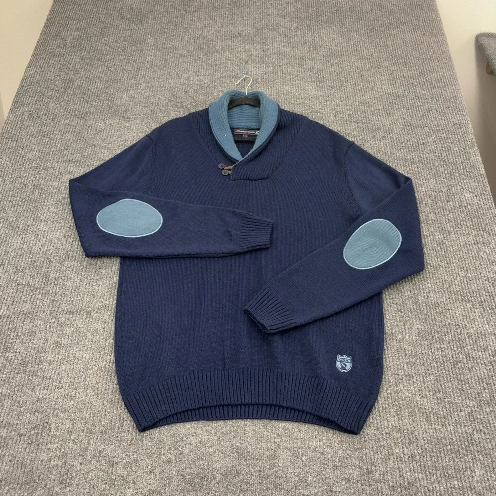 Giorgio Di Mare Sweater Mens XXL Blue Wool Blend Shawl Neck Elbow Patch Yachting
